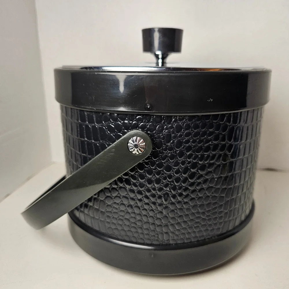 MCM Ice Bucket Black Faux Crocodile Chrome Lid Mid Century Modern Barware Japan